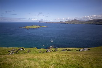 View of Blasket Sound and mainland from Great Blasket Island on a lovely August day in Ireland. County Kerry