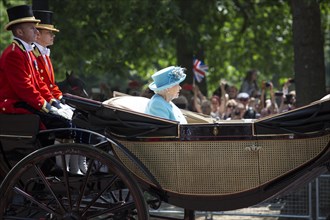 The Queen in carriage returning from annual Trooping the Colour ceremony in honour of Queen Elizabeths birthday