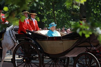 The Queen in carriage returning from annual Trooping the Colour ceremony in honour of Queen Elizabeths birthday