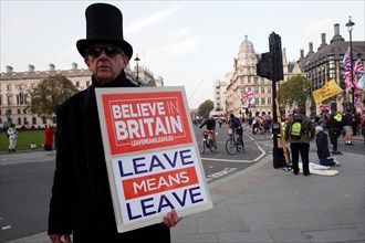 Protestor in black outfit and hat with Leave means Leave sign at Westminster. London