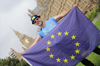 Anti-Brexit protest at parliament by man with EU flag in favor of remaining in the EU
