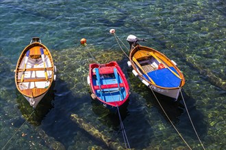 Colourful fishing boats attached to the rock lie in the turquoise water in the harbour of Riomaggiore