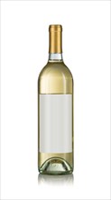 Wine bottle with white wine and blank wine label ready for you own design and text against a white background