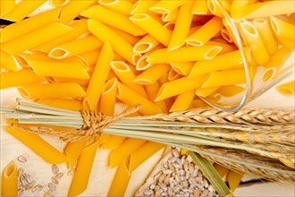 Short Italian pasta penne with durum wheat grains