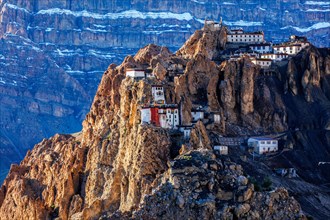 Famous indian tourist landmark Dhankar monastry perched on a cliff in Himalayas. Dhankar