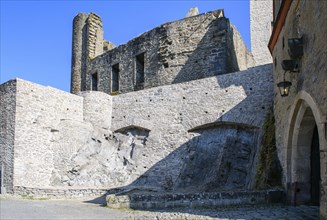 View of ruins of Cologne castle in double castle Buerresheim from Middle Ages