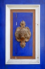 Old decorative wooden door with lion's head as doorknob