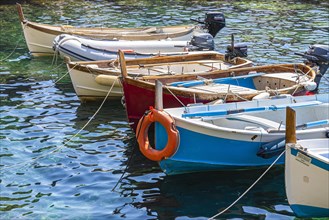 Colourful fishing boats reflected in the water in the harbour of Manarola