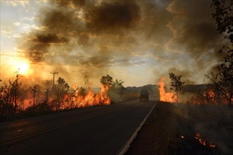 Bushfire on the main road 251 at sunset