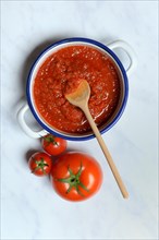 Bowl with tomato sauce and tomatoes