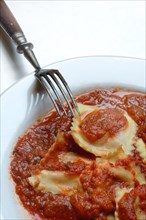 Ravioli with tomato sauce on plate with fork