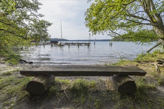 Bench on lake in summer