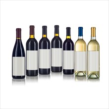 Various wine bottles with blank labels ready for you own design and text against a white background