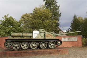 Soviet tank on the road to the former Ravensbrueck concentration camp