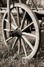Wooden wheel on an old wooden cart