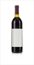Wine bottle with red wine and blank wine label ready for you own design and text against a white background