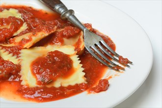 Ravioli with tomato sauce on plate with fork