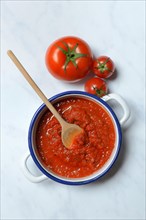 Bowl with tomato sauce and tomatoes