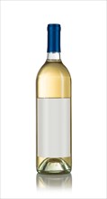 Wine bottle with white wine and blank wine label ready for you own design and text against a white background