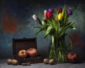Still life with colourful bouquet of tulips in glass vase next to nuts