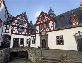 View from castle courtyard to buildings of Trier castle in double castle Buerresheim from the Middle Ages