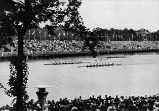 Final battle shortly in front of the finish on the Olympic regatta course in Gruenau during the race of the eights