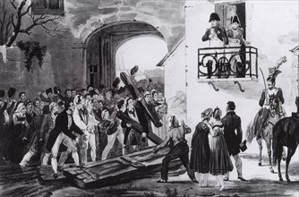 The people of Grenoble bring Napoleon the ruins of the city gate they destroyed on 7 March 1815. Popular depiction of the time