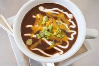 Creamy black bean soup with melted cheese and green onions