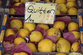 Quinces in a box at a fruit stand