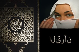 The holy book Koran with Arabic script and young woman with white niqab
