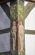 Depiction of Adam and Eve on the gable of the Adam- und Evahaus