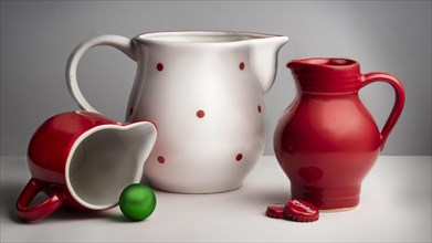 Still life with red and white ceramic pots and green ball