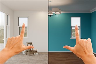 Female hands framing before and after blue painted walls in empty room of house