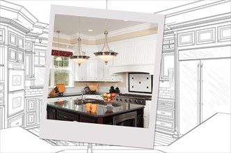 Custom kitchen drawing with photo picture frame containing finished construction