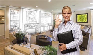 Happy woman with okay sign over custom living room and design drawing