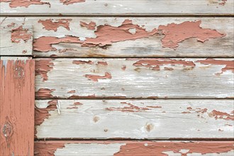 Weathered wood panel wall with peeling paint textured background