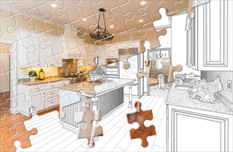 Puzzle pieces fitting together revealing finished kitchen build over drawing