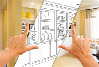 Hands framing custom built-in shelves and cabinets design drawing with section of finished photo