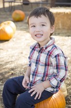 Cute mixed-race young boy having fun at the pumpkin patch