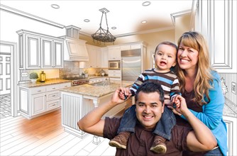 Happy young mixed-race family over kitchen drawing with photo combination