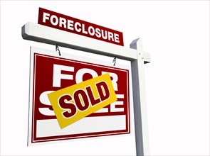 Red sold foreclosure real estate sign isolated on white