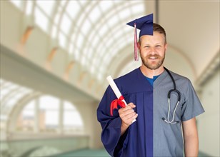 Split screen of caucasian male as graduate and nurse on campus or at hospital