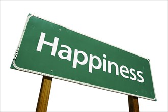 Happiness green road sign isolated on a white background with clipping path