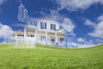 Beautiful custom house drawing and ghosted house above grass field