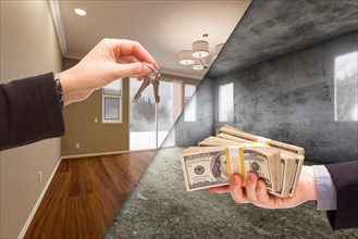 Agent handing over house keys for cash in newly remodeled and raw unfinished room of house comparison