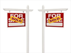 Pair of left and right facing sold for sale real estate signs with clipping path isolated on white