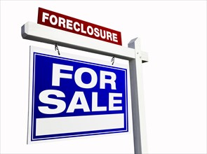 Blue foreclosure real estate sign isolated on white