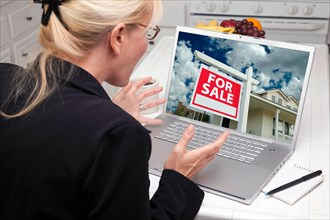 Excited woman in kitchen using laptop to buy a home. screen can be easily used for your own message or picture. picture on screen is my copyright as well