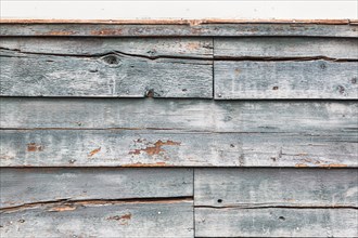 Weathered wood panel wall with peeling paint textured background