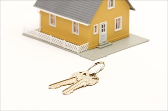 Keys and house isolated on a white background. focus is on the keys